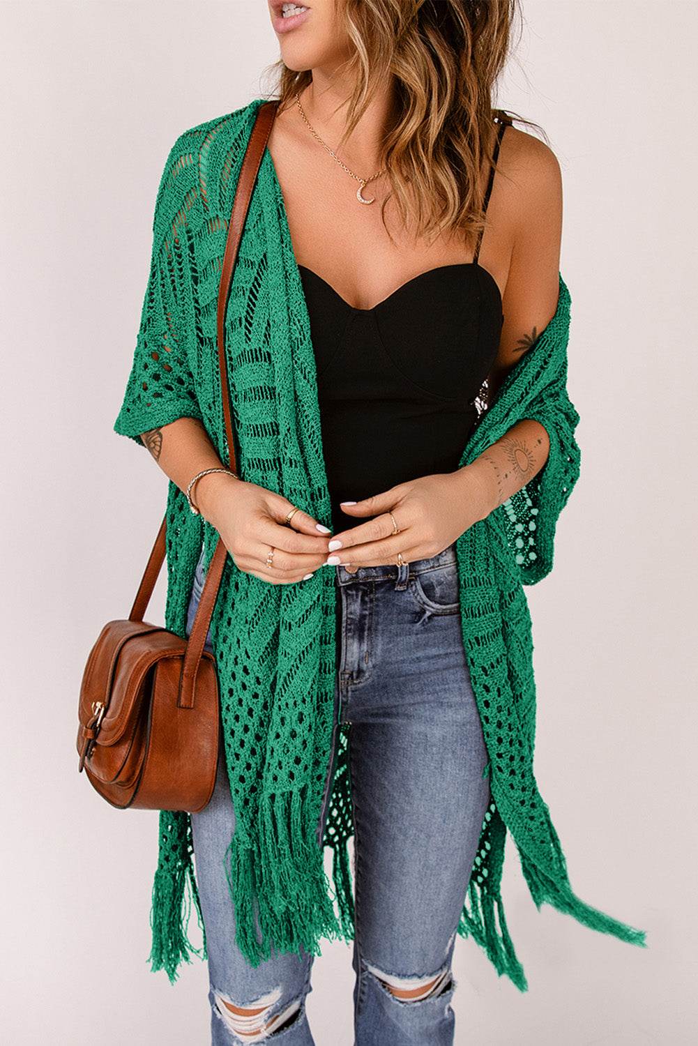 Openwork Open Front Cardigan with Fringes Dark Green One Size for a perfect OOTD – dress to impress outfits from Amexza