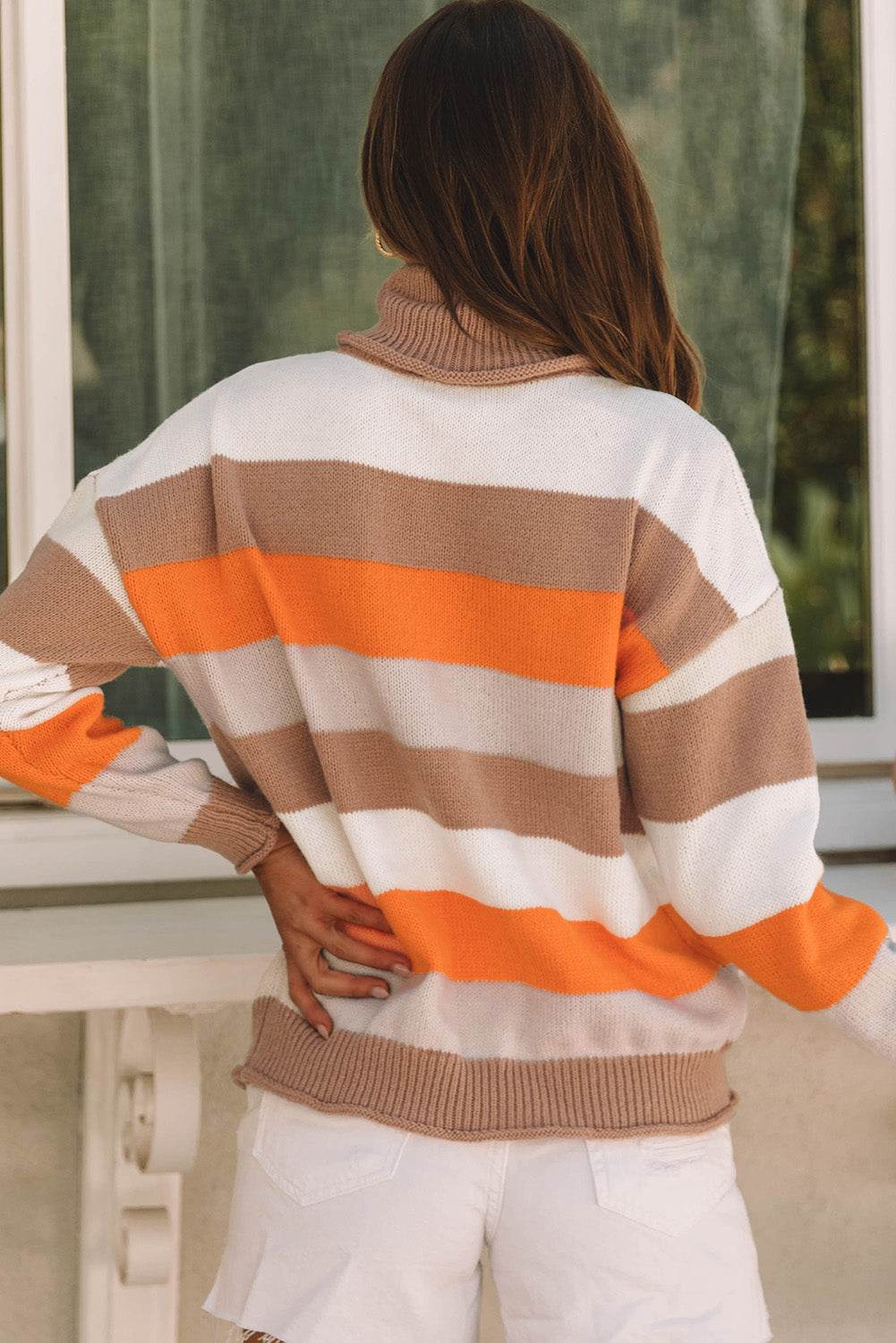 Color Block Drop Shoulder Turtleneck Sweater - Amexza