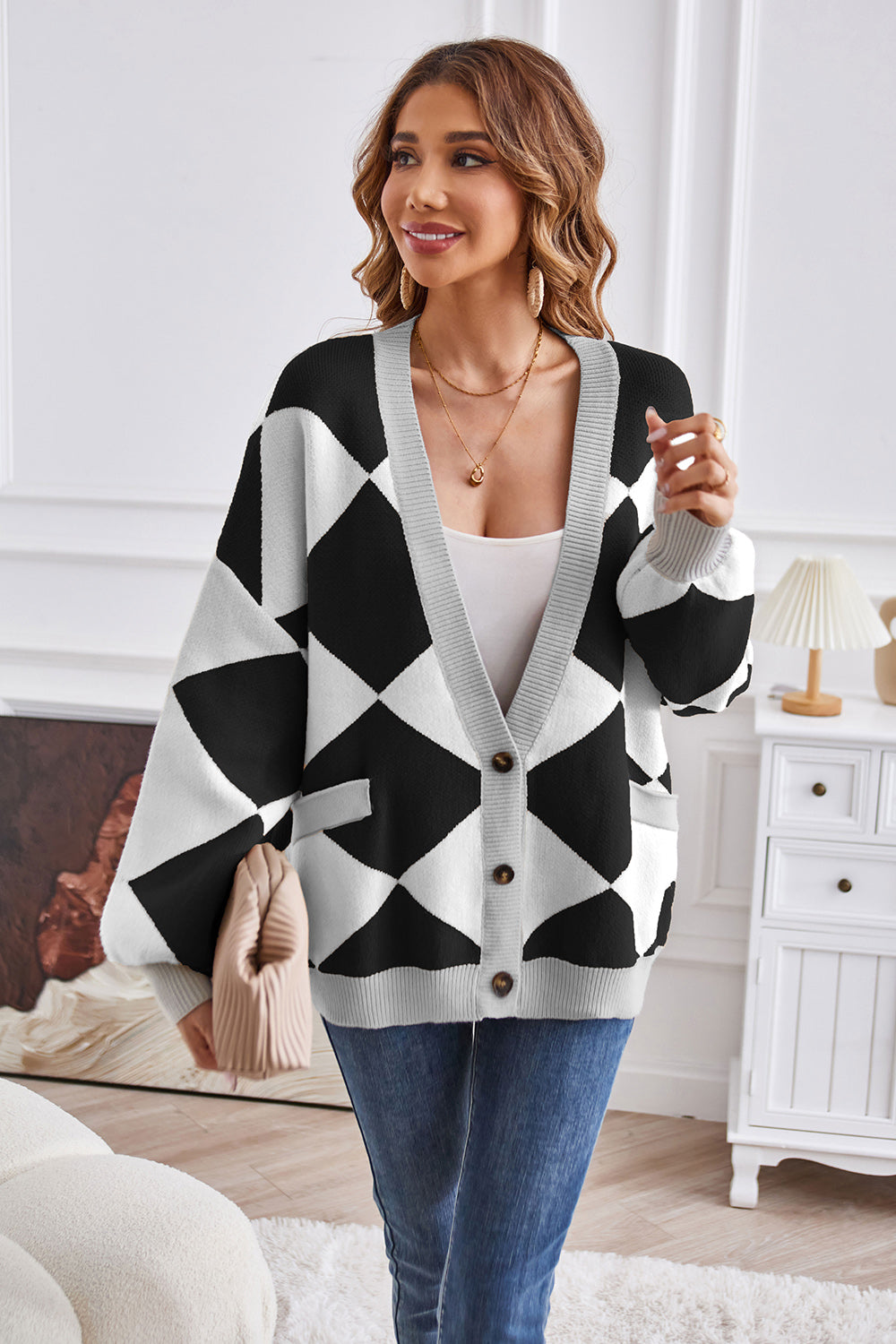 Geometric Lantern Sleeve Cardigan with Pockets Black for a perfect OOTD – dress to impress outfits from Amexza