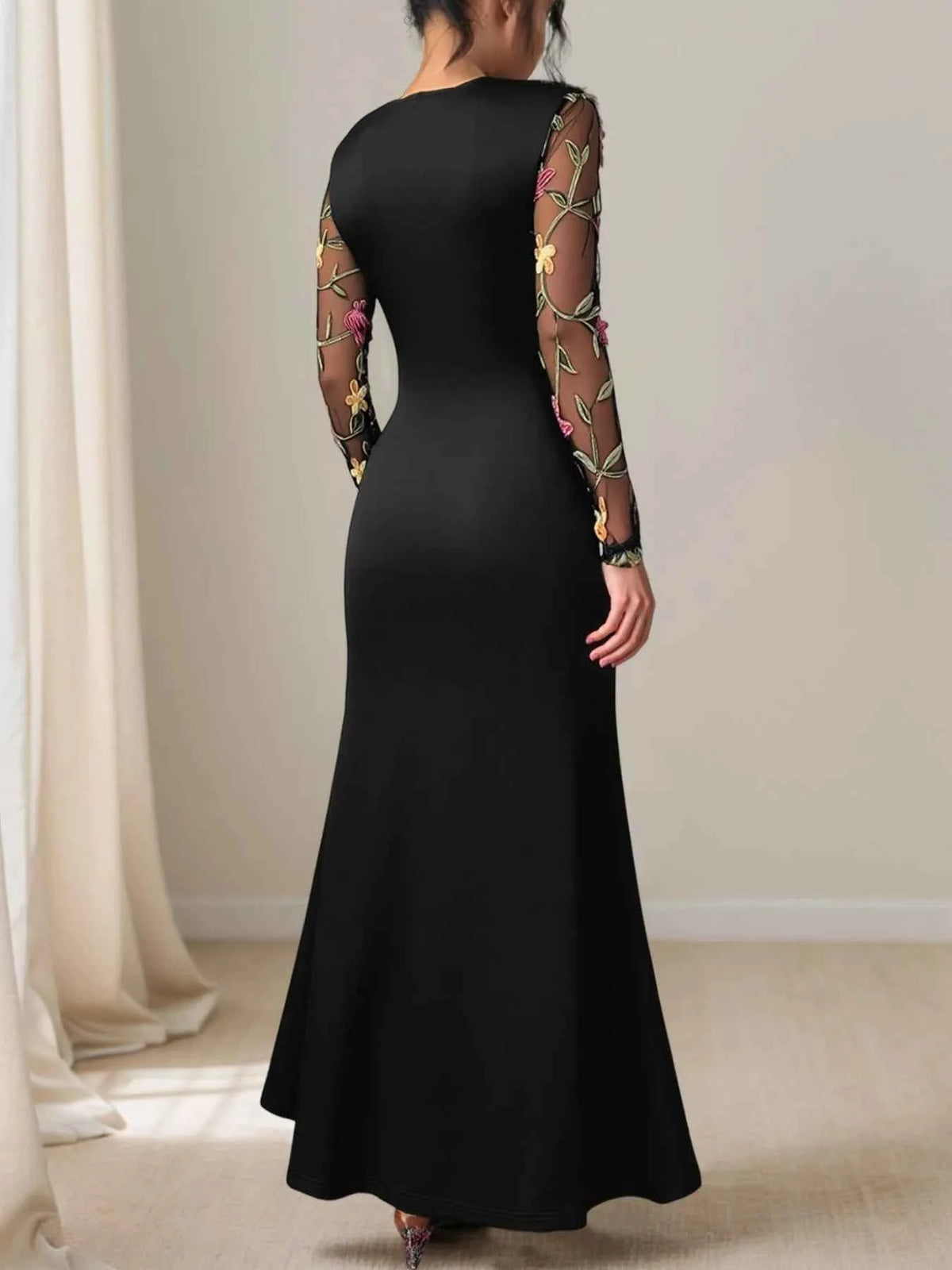 Floral Mesh Sleeve Ruched Maxi Dress