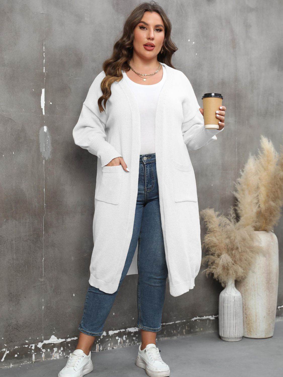 Plus Size Long Sleeve Pocketed Cardigan White for a perfect OOTD – dress to impress outfits from Amexza