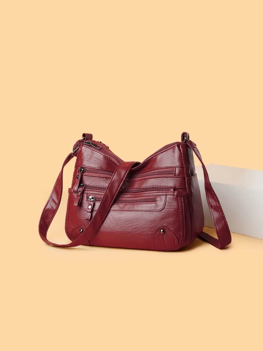 PU Leather Multi Pockets Shoulder Bag Deep Red One Size for a perfect OOTD – dress to impress outfits from Amexza