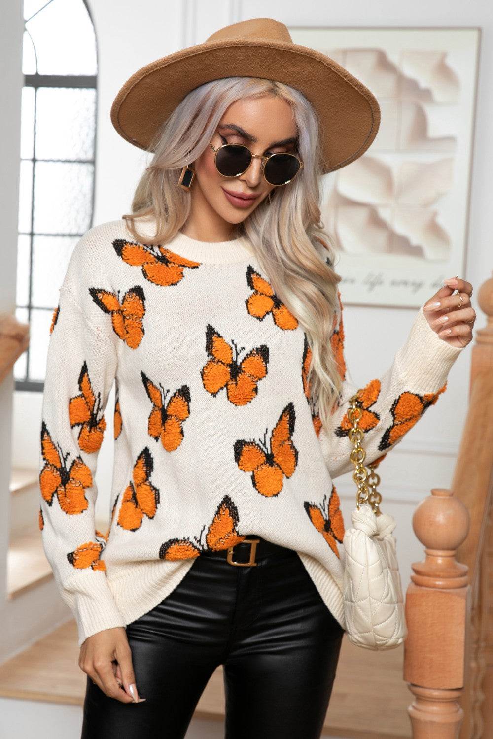 Butterfly Round Neck Long Sleeve Sweater Ivory for a perfect OOTD – dress to impress outfits from Amexza