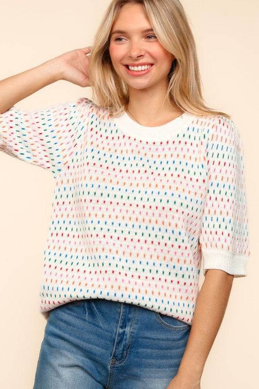 Haptics Round Neck Half Sleeve Multi Color Knit Top for a perfect OOTD – dress to impress outfits from Amexza