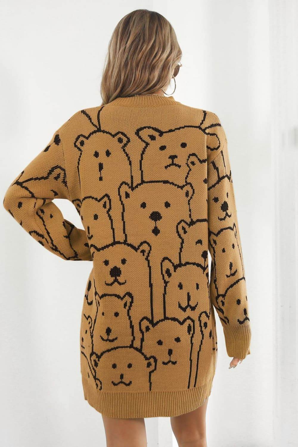 Bear Pattern Round Neck Sweater Dress for a perfect OOTD – dress to impress outfits from Amexza