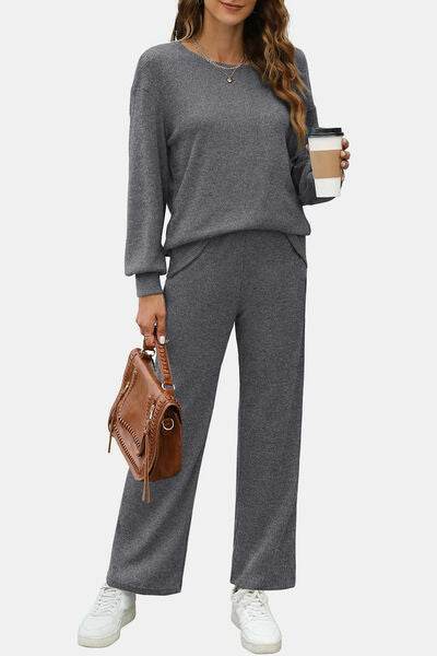 Round Neck Long Sleeve Top and Pants Set for a perfect OOTD – dress to impress outfits from Amexza