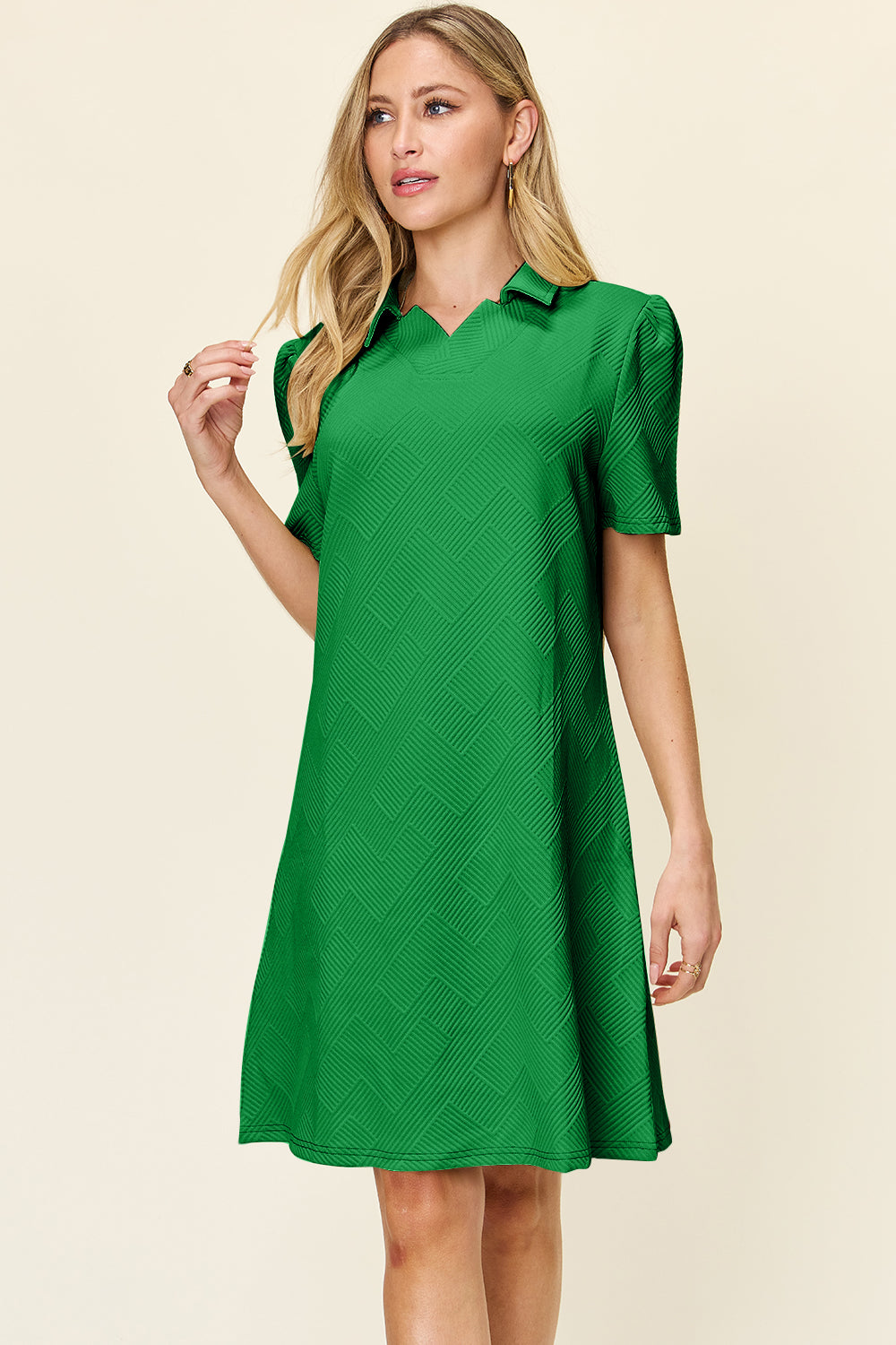 Double Take Full Size Texture Collared Neck Short Sleeve Dress - Mid Green / S