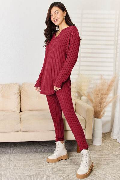 Basic Bae Full Size Notched Long Sleeve Top and Pants Set for a perfect OOTD – dress to impress outfits from Amexza