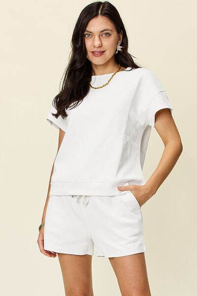 Double Take Full Size Texture Short Sleeve T-Shirt and Drawstring Shorts Set White for a perfect OOTD – dress to impress outfits from Amexza