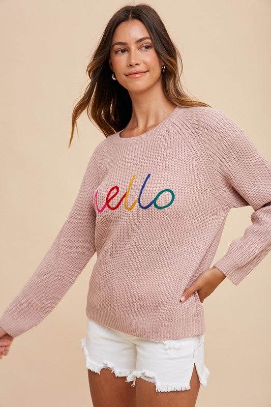 Annie Wear HELLO Embroidered Raglan Sleeve Sweater - Amexza