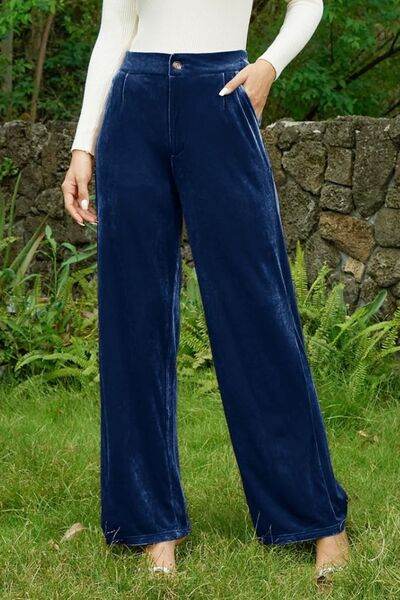 Velvet Wide Leg Pants with Pockets Navy for a perfect OOTD – dress to impress outfits from Amexza