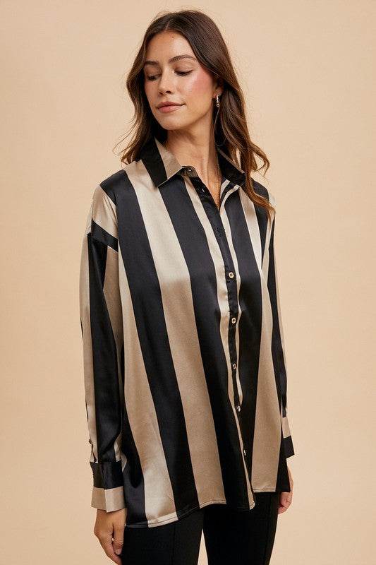 Annie Wear Striped Dropped Shoulder Button Up Shirt - Amexza