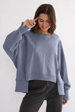 Exposed Seam High-Low Long Sleeve Sweatshirt Dusty Blue One Size for a perfect OOTD – dress to impress outfits from Amexza