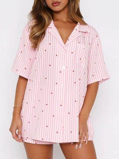 Valentine's Day Printed Collared Neck Short Sleeve Top and Shorts Set for a perfect OOTD – dress to impress outfits from Amexza