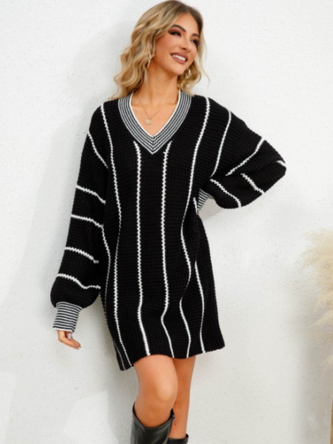 Striped V-Neck Long Sleeve Mini Dress for a perfect OOTD – dress to impress outfits from Amexza