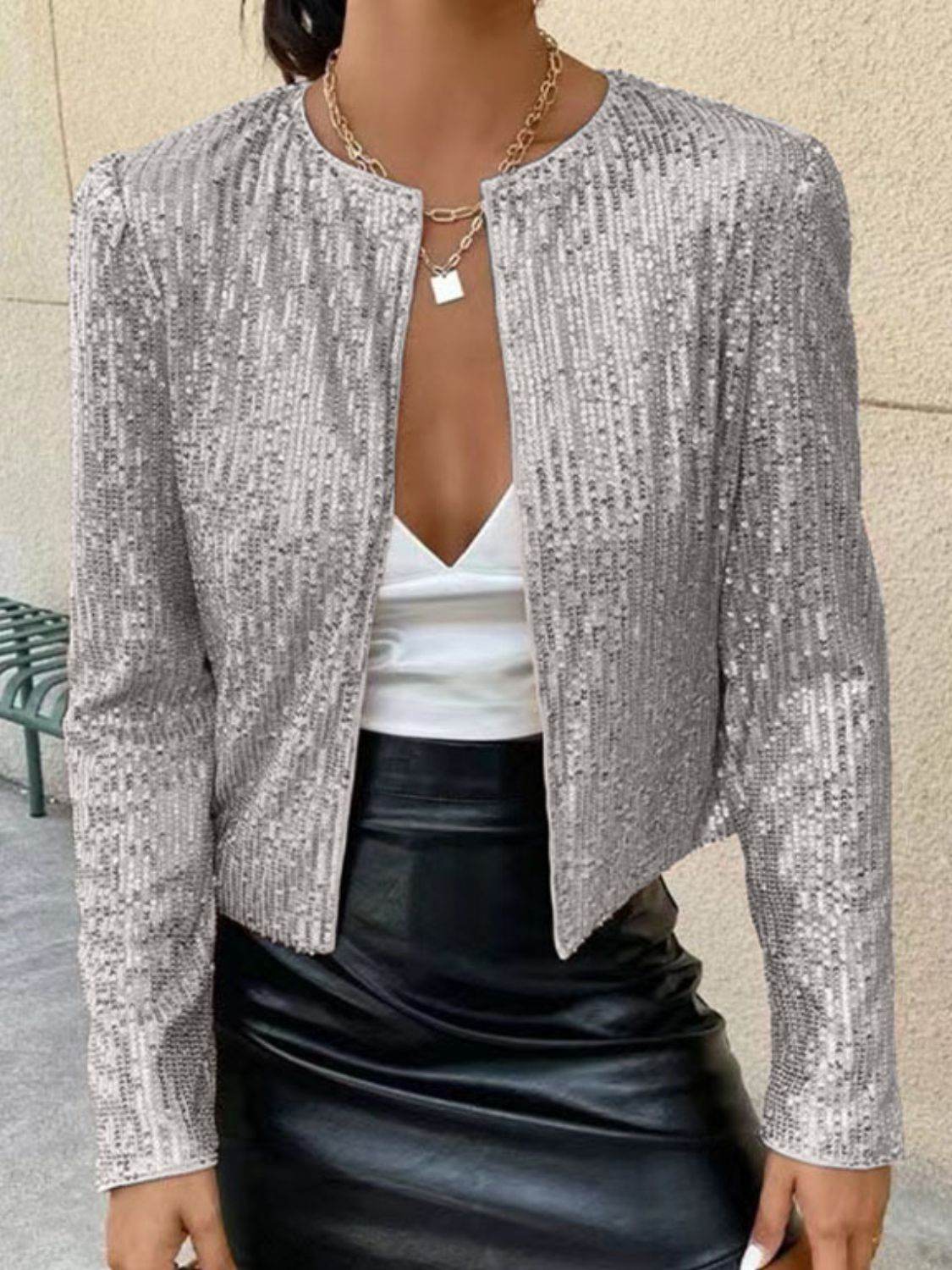 Full Size Sequin Open Front Cropped Jacket for a perfect OOTD – dress to impress outfits from Amexza