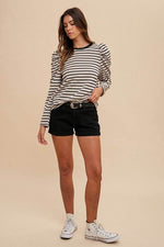 Annie Wear Striped Round Neck Puff Sleeve French Terry Top - Amexza