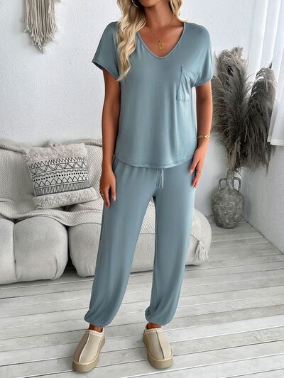 Devine V-Neck Short Sleeve Top and Pants Set for a perfect OOTD – dress to impress outfits from Amexza