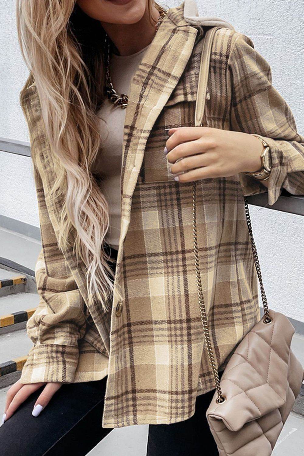 Plaid Button Up Long Sleeve Hooded Jacket for a perfect OOTD – dress to impress outfits from Amexza