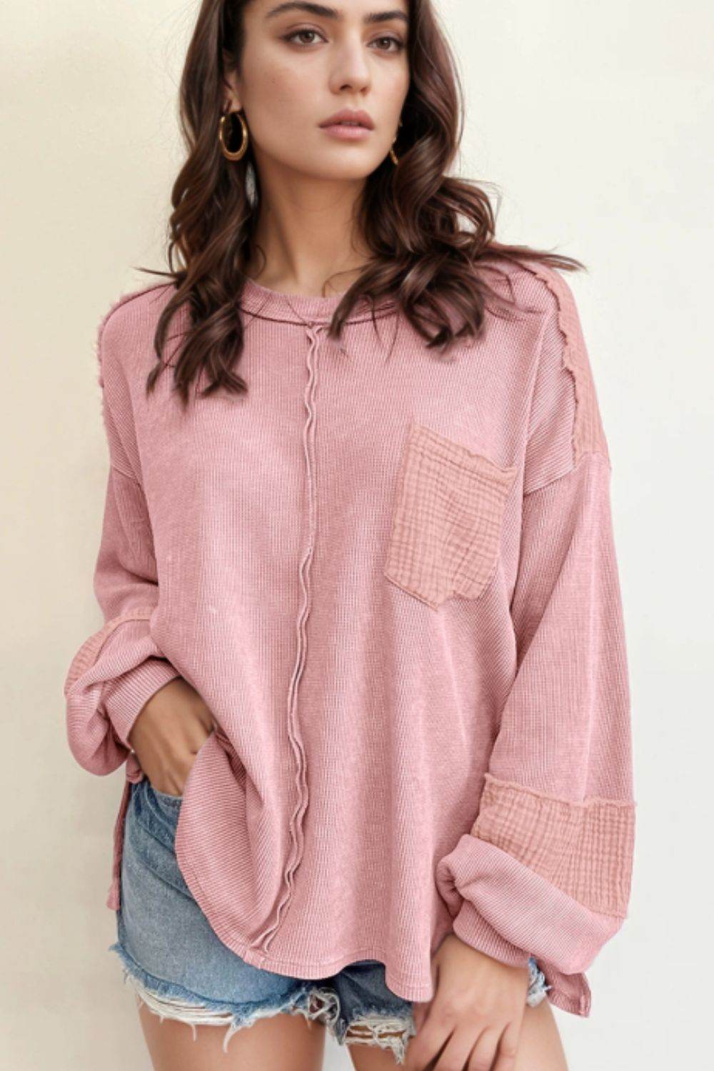 Exposed Seam Round Neck Long Sleeve Sweatshirt - Amexza