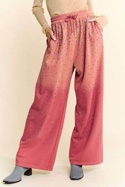 Davi & Dani Rhinestone Drawstring Wide Leg Pants - Amexza