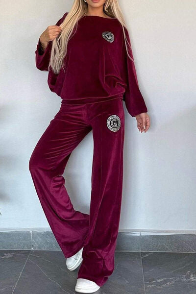 Full Size Boat Neck Long Sleeve Top and Pants Set Plum Purple for a perfect OOTD – dress to impress outfits from Amexza