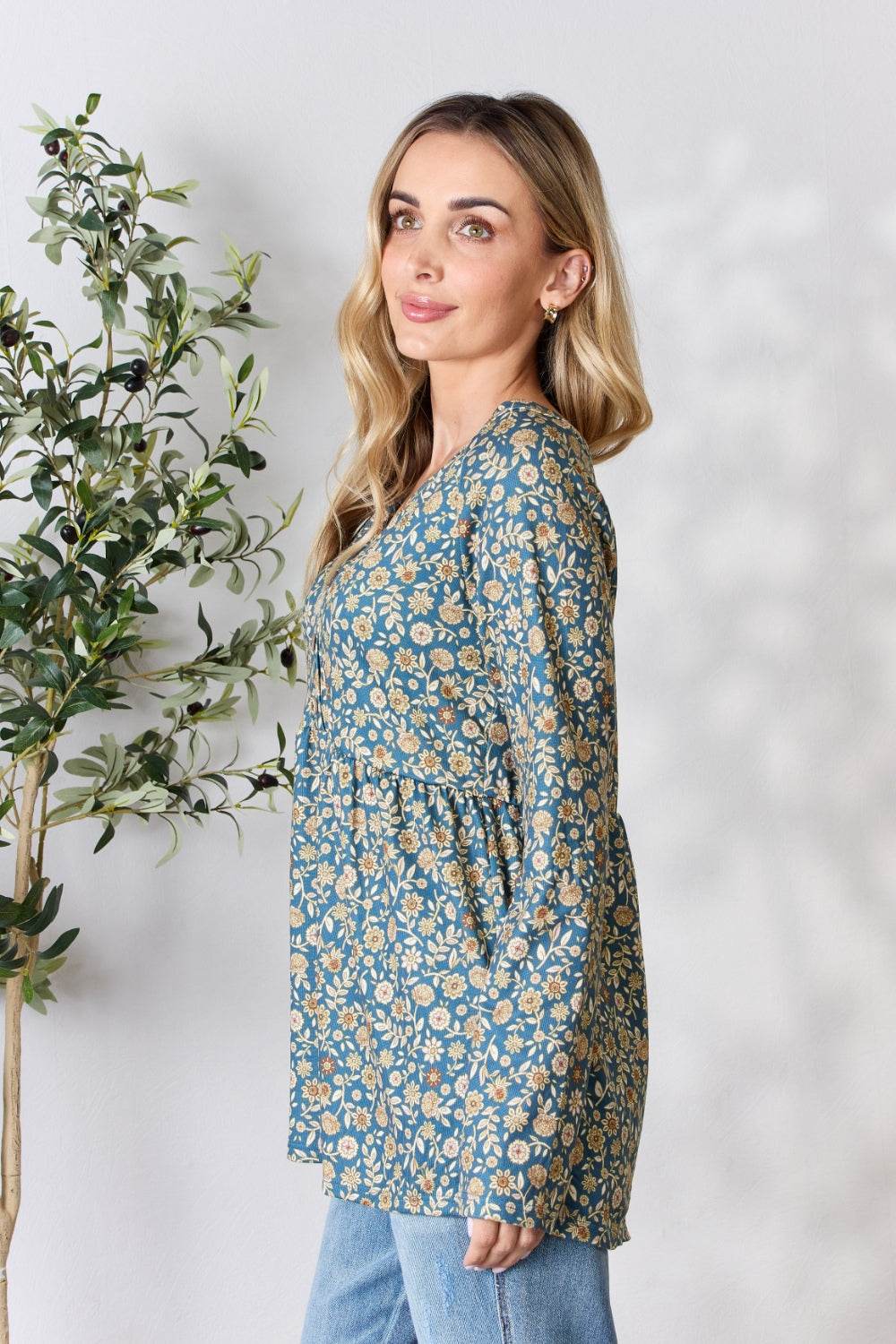 Heimish Full Size Floral Half Button Long Sleeve Blouse - Amexza