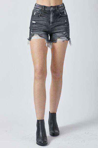 RISEN Full Size High Rise Distressed Denim Shorts - Amexza