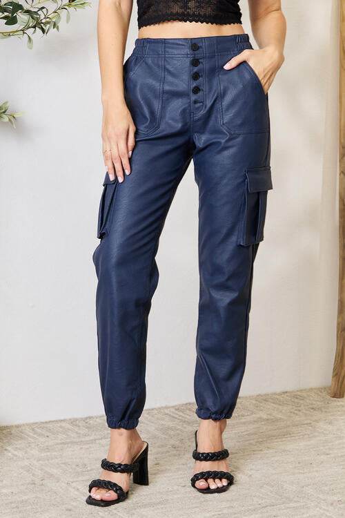 Kancan High Waist Faux Leather Cargo Joggers Dark Blue for a perfect OOTD – dress to impress outfits from Amexza