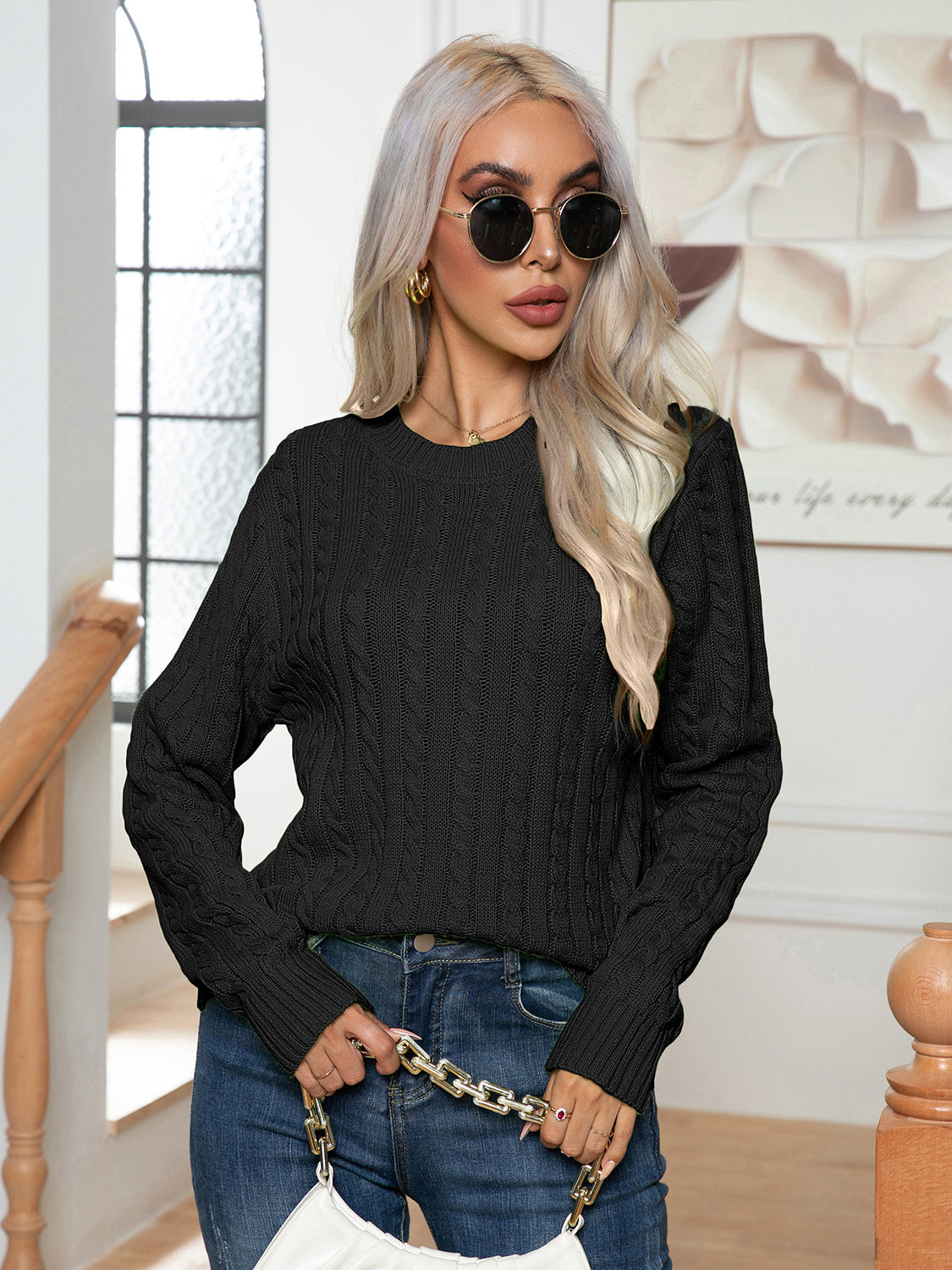 Cable-Knit Round Neck Long Sleeve Sweater for a perfect OOTD – dress to impress outfits from Amexza