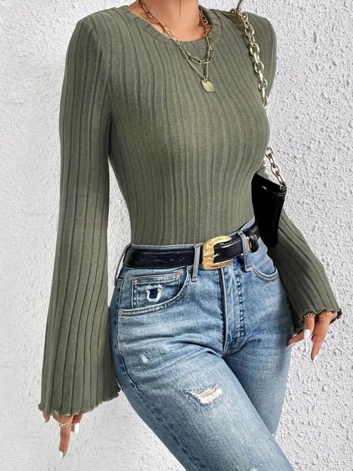 Ribbed Round Neck Flare Sleeve T-Shirt for a perfect OOTD – dress to impress outfits from Amexza