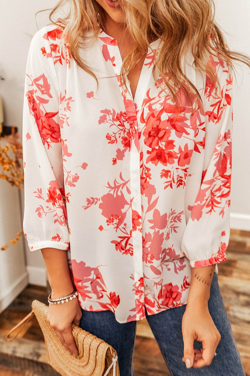 Floral Notched Long Sleeve Blouse for a perfect OOTD – dress to impress outfits from Amexza