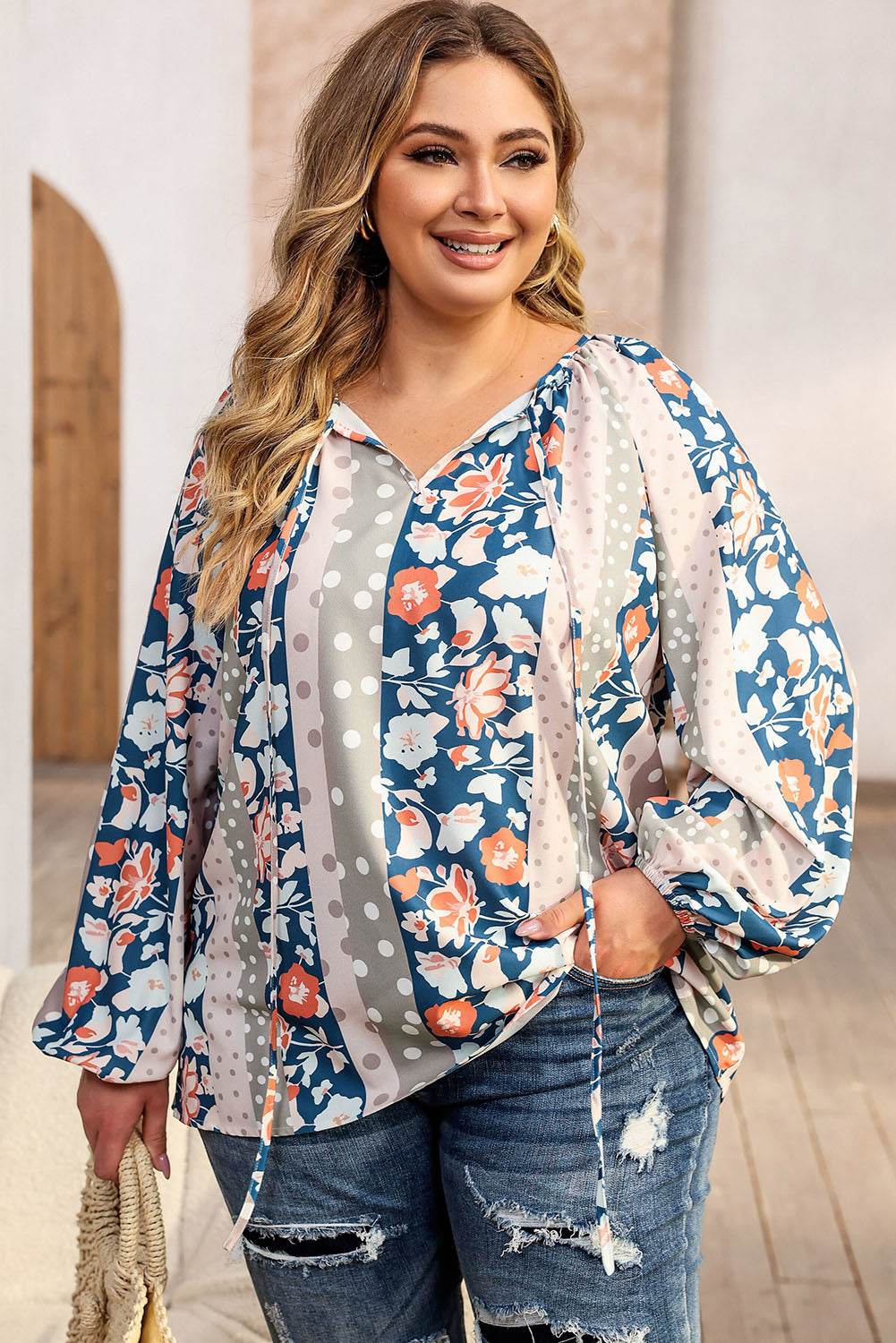 Plus Size Floral Tie Neck Blouse - Amexza