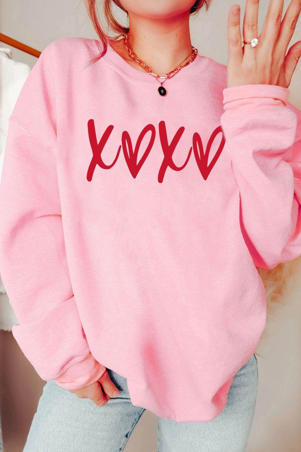 Valentine’s Day XOXO Round Neck Drop Shoulder Sweatshirt Blush Pink for a perfect OOTD – dress to impress outfits from Amexza