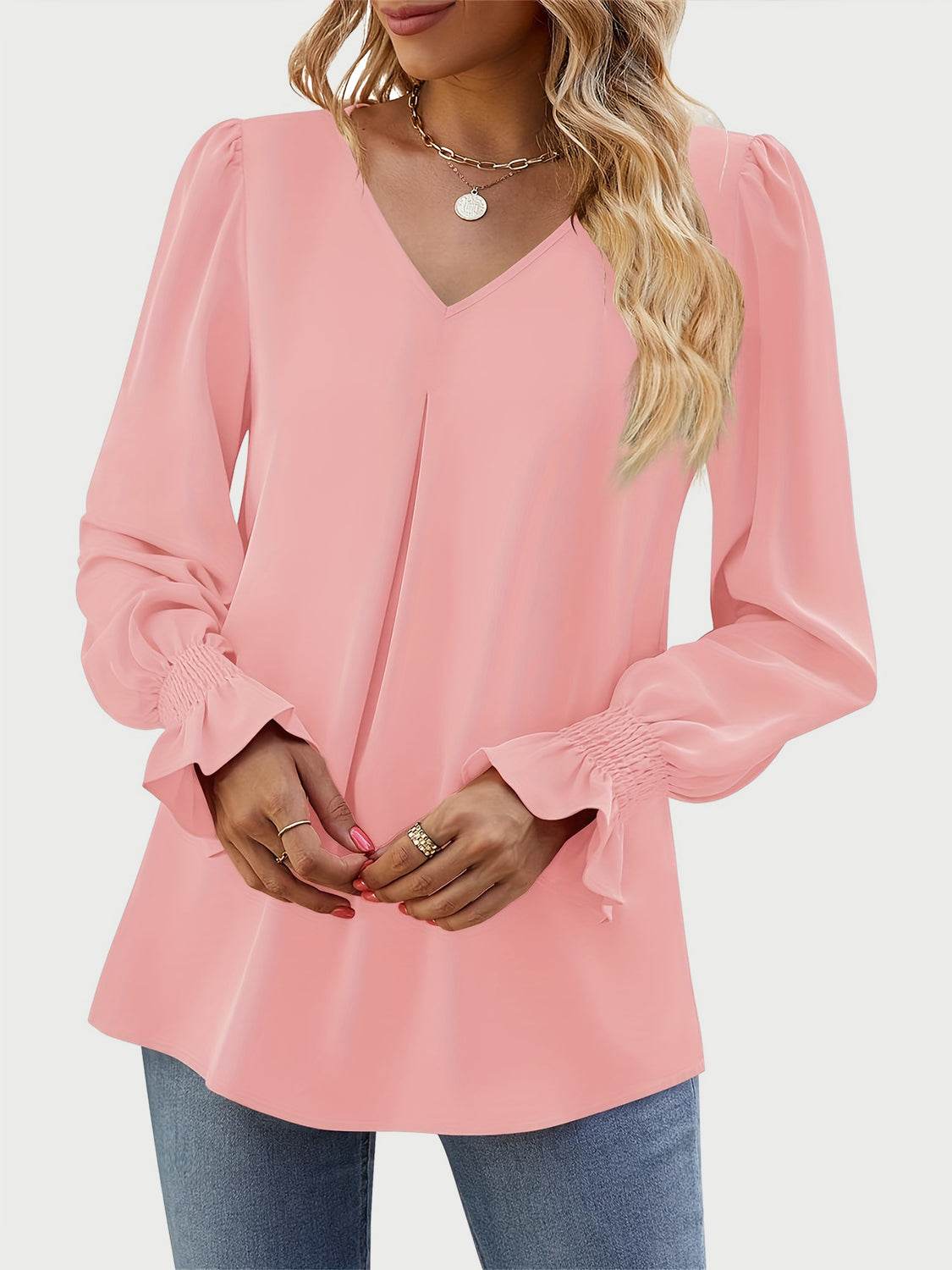 V-Neck Flounce Sleeve Top Blush Pink for a perfect OOTD – dress to impress outfits from Amexza