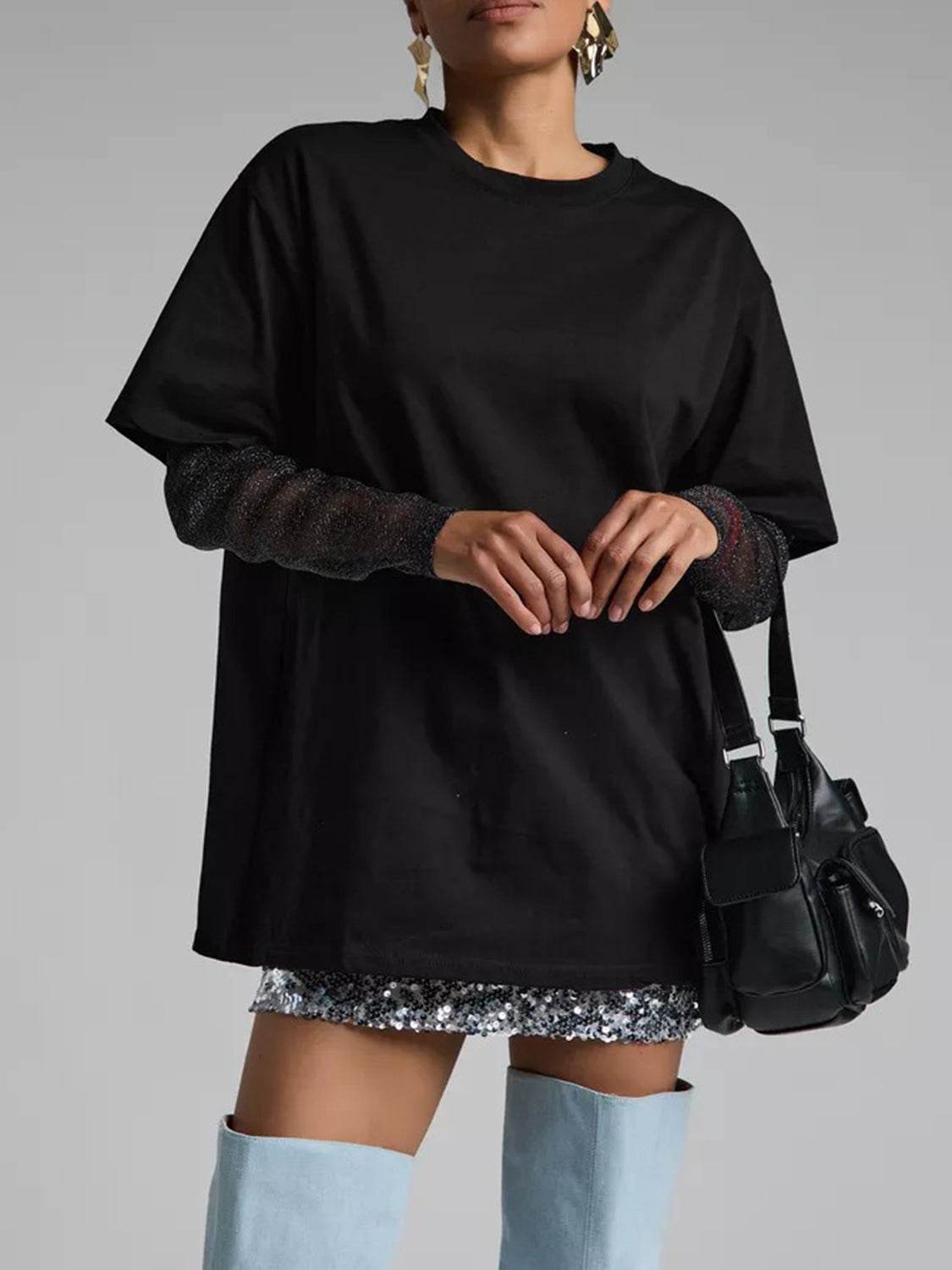 Faux Layered Round Neck Mesh Sleeve Top - Amexza