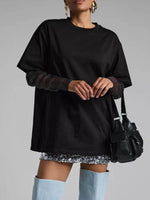 Faux Layered Round Neck Mesh Sleeve Top - Amexza