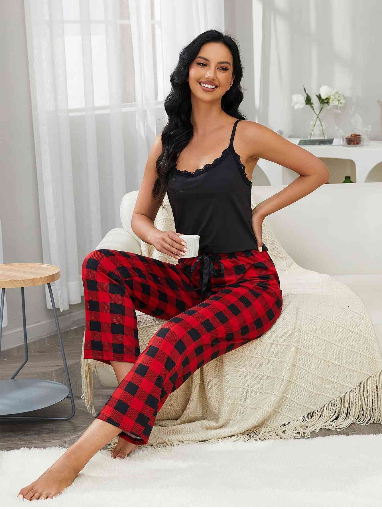 Lace Trim Cami and Plaid Pants Lounge Set for a perfect OOTD – dress to impress outfits from Amexza