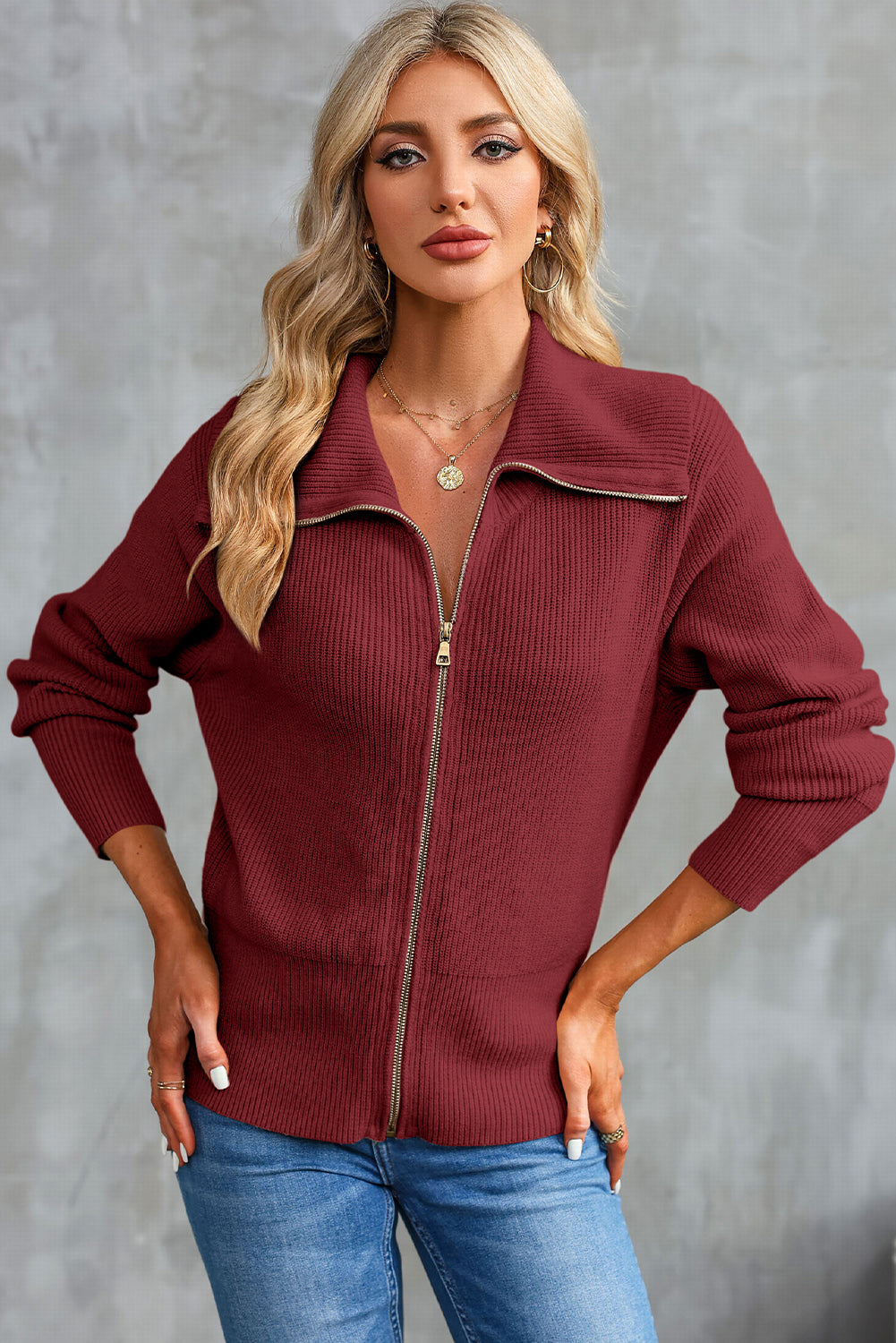 Zip-Up Collared Cardigan Brick Red for a perfect OOTD – dress to impress outfits from Amexza