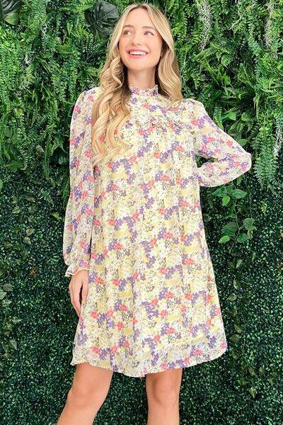 And The Why Floral Mock Neck Flounce Sleeve Dress Lemon for a perfect OOTD – dress to impress outfits from Amexza