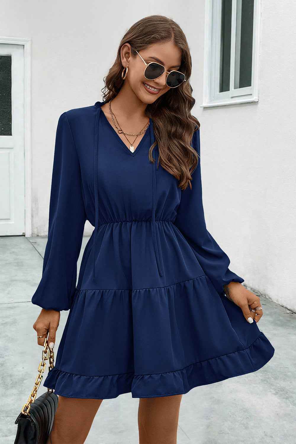 V-Neck Tie Neck Long Sleeve Dress Navy for a perfect OOTD – dress to impress outfits from Amexza