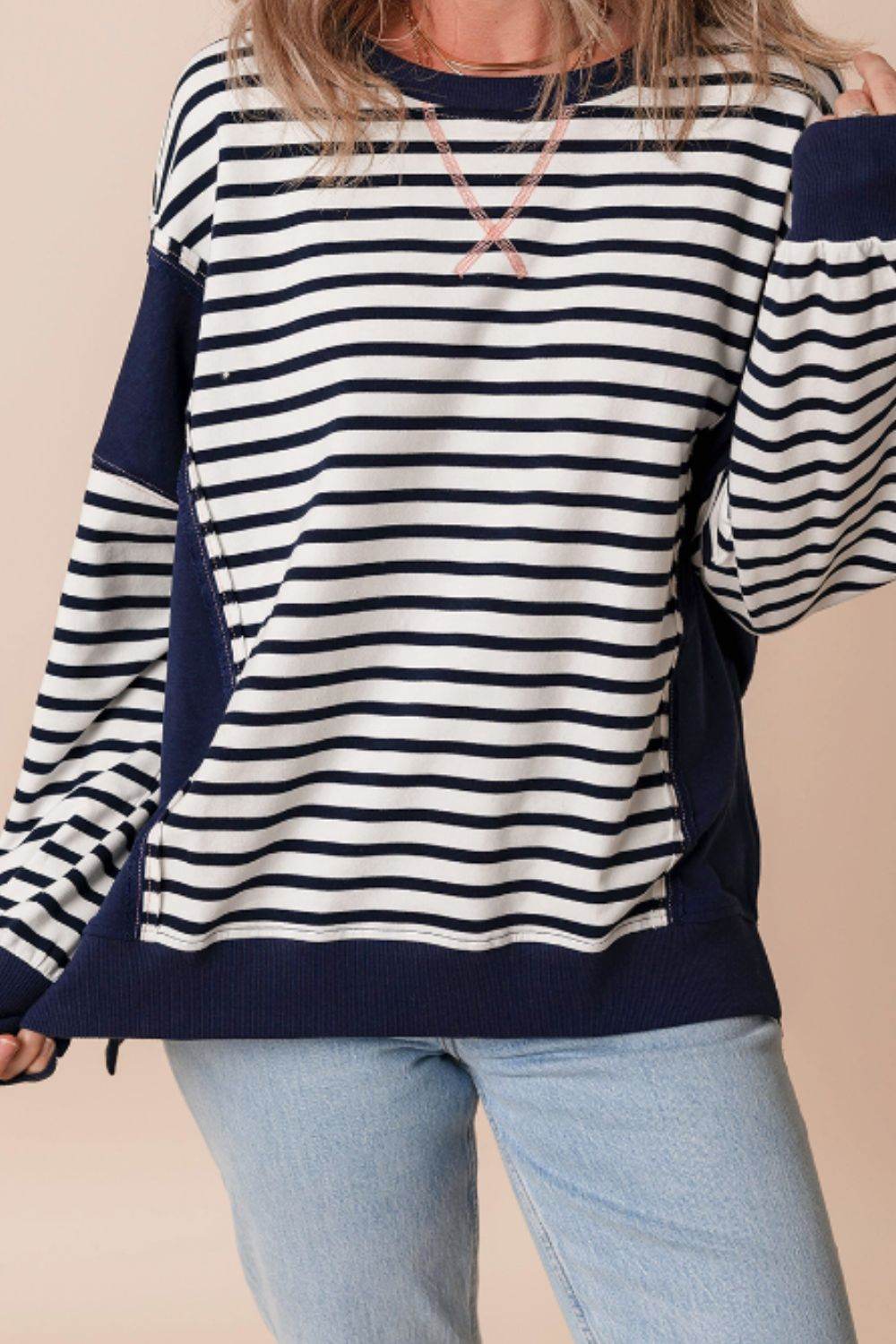 Exposed Seam Striped Long Sleeve Sweatshirt for a perfect OOTD – dress to impress outfits from Amexza