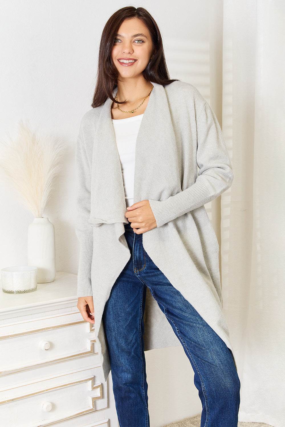 Angel Wings Open Front Duster Cardigan with Pockets Light Gray for a perfect OOTD – dress to impress outfits from Amexza