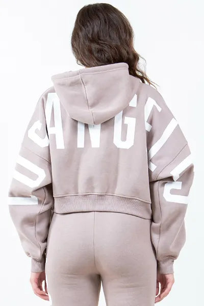 American Bazi Letter Graphic Long Sleeve Drawstring Cropped Hoodie DUSTY ROSE WHITE for a perfect OOTD – dress to impress outfits from Amexza