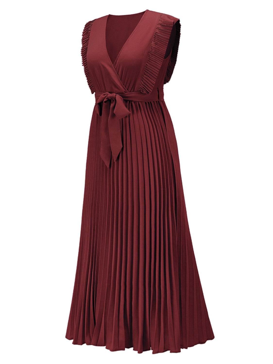 Tied Surplice Cap Sleeve Pleated Dress - Amexza