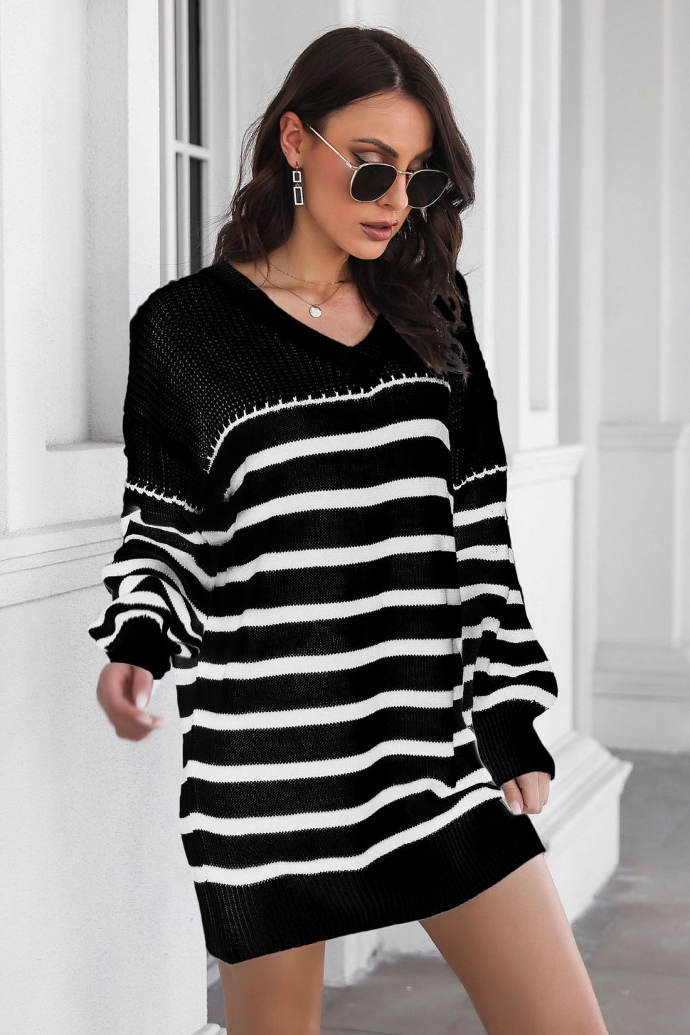 Striped V-Neck Drop Shulder Sweater Dress for a perfect OOTD – dress to impress outfits from Amexza