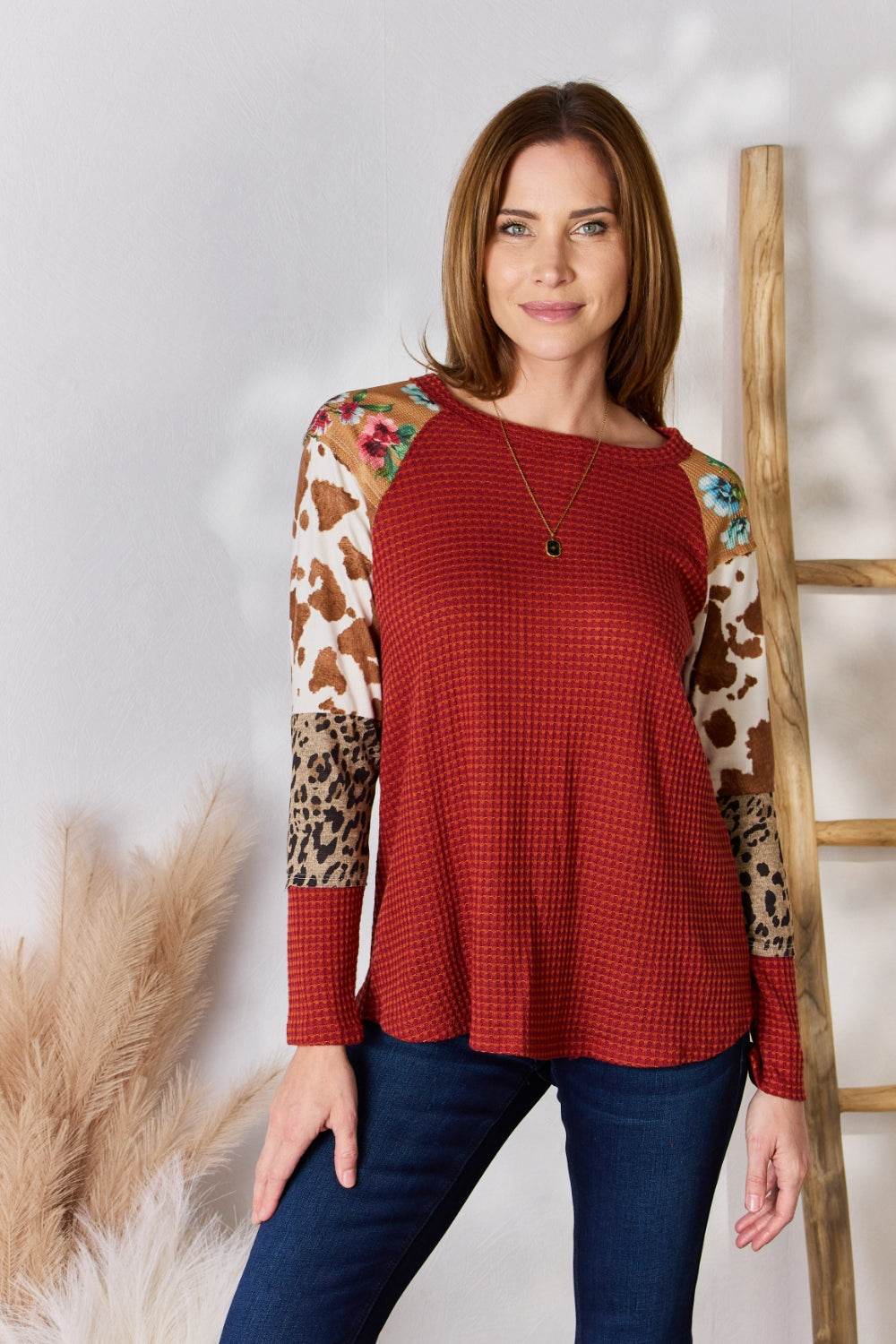 Hailey & Co Full Size Leopard Waffle-Knit Blouse - Amexza