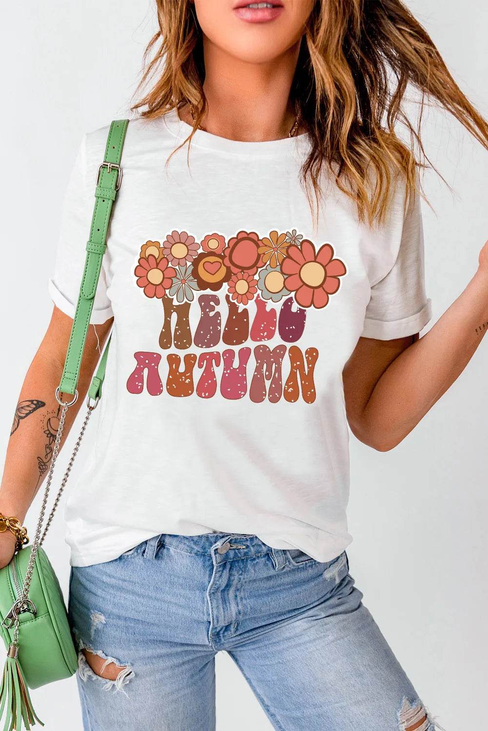 Flower & Letter Graphic Round Neck Short Sleeve T-Shirt for a perfect OOTD – dress to impress outfits from Amexza