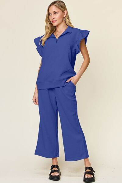 Double Take Texture Ruffle Short Sleeve Top and Drawstring Wide Leg Pants Set for a perfect OOTD – dress to impress outfits from Amexza