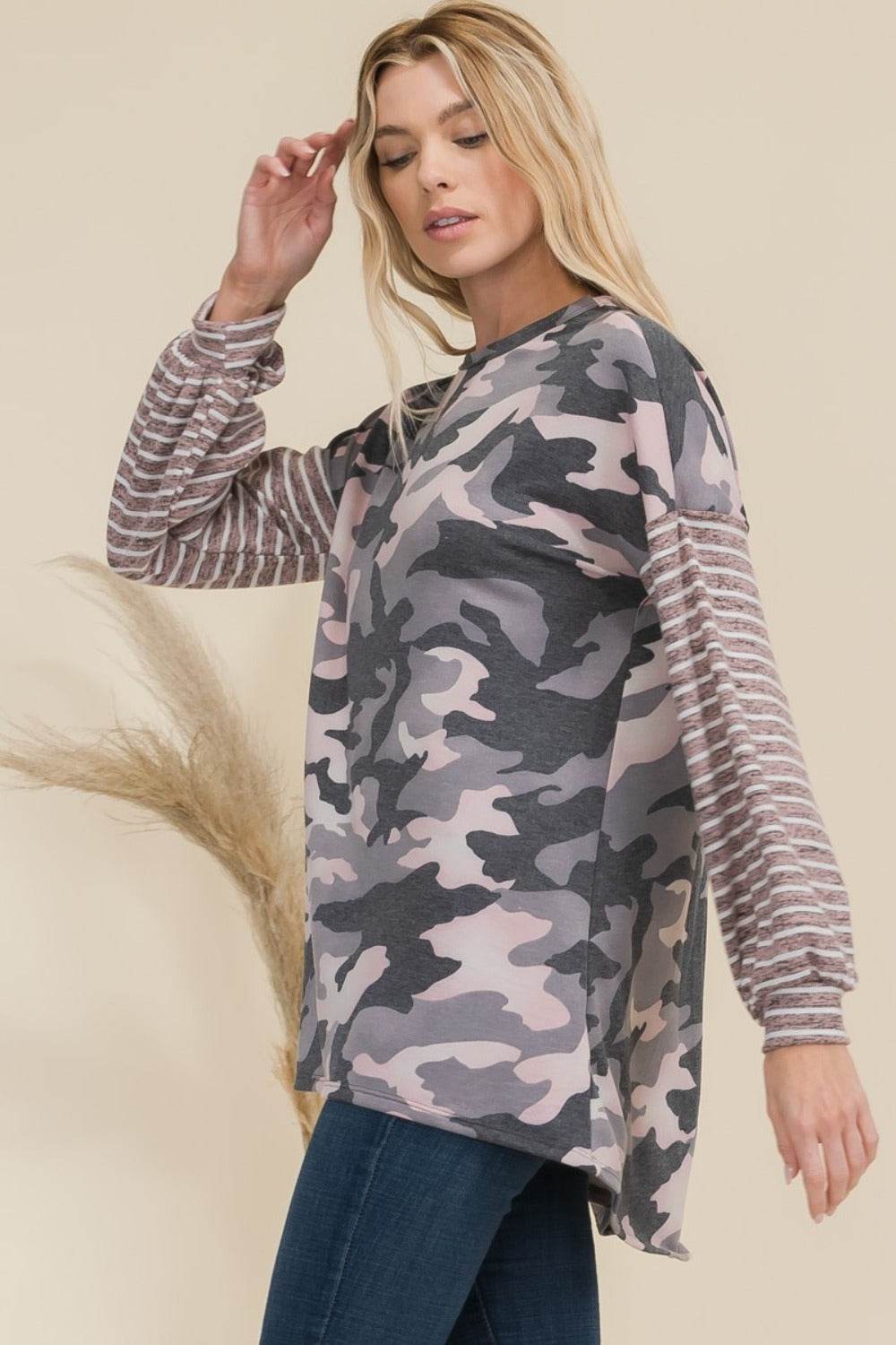 Celeste Full Size Camo Print High-Low T-Shirt with Stripe Sleeves for a perfect OOTD – dress to impress outfits from Amexza